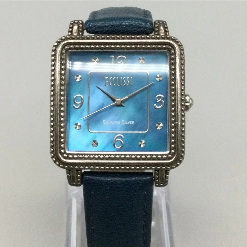 Ecclissi Womens Watch 30mm Blue Dial Sterling Silver Blue Leather New Battery
